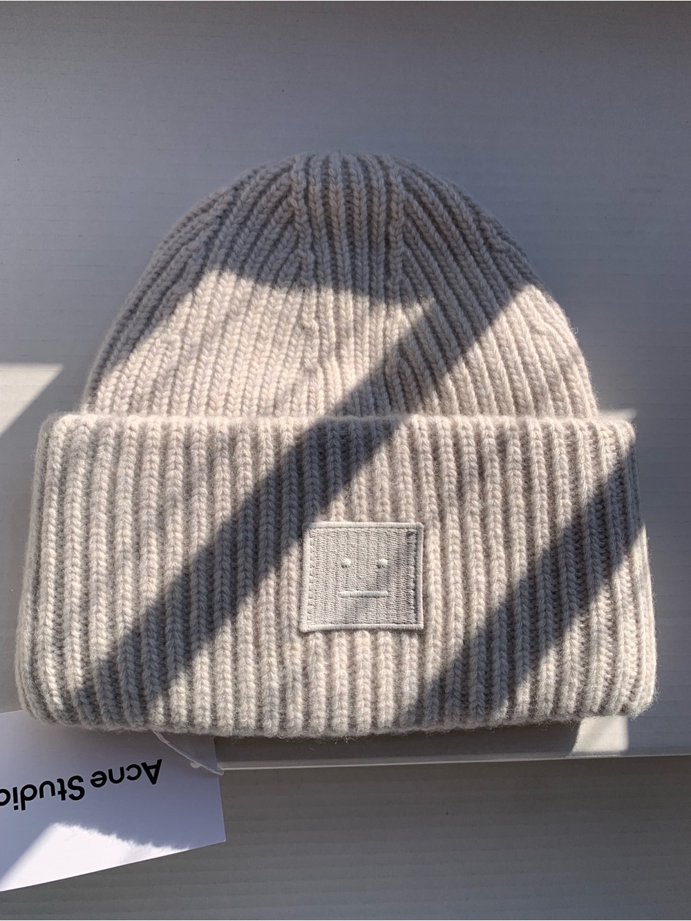 Acne Cream Rib Knit Wool Beanie with Face Patch